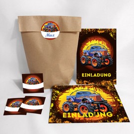 JuNa-Experten Set of 12 Invitation Cards, Envelopes, Bags / Natural, Stickers Children's Birthday Monster Truck Boys Birthday Invitations Invitations