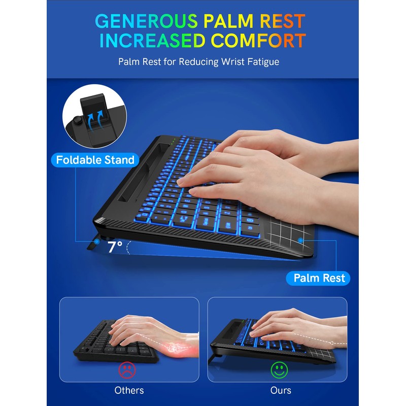 Wireless Keyboard with 7 Colored Backlits, Wrist Rest, Phone Holder,