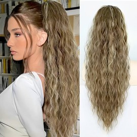 HIUSVO Ponytail Extension Claw 30 Inch Curly Pony Tail Clip in Claw Hair Extensions Fluffy Natural Looking Synthetic Hairpiece for Women - Color: Ash Brown Mix Blonde
