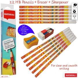 ZOFAX NatMarb HB Graphite Pencils, Pack of 12, Wooden Lead Pencils Sharpener Eraser Pack, Hexa Comfort Grip, Break resistant bonded lead, Pencils For Kids Write Draw Sketch, iZOFAX Black Ball Pen