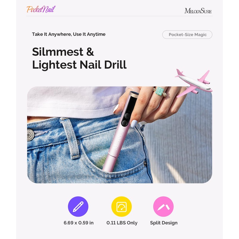 MelodySusie PocketNail Cordless Nail File, PC100GR Pen-Shaped Portable Nail Drill