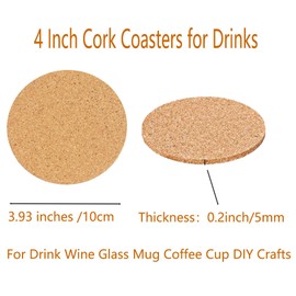 12pcs Cork Coaster for Drink 0.2inch Thick Round 3.9" Absorbent Tea or Coffee Coaster for Crafts,Warm Gifts Relatives and Friends in Office, Home, or Cottage (Round -12pcs)