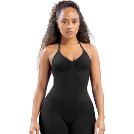 TRYTO Impact Longline Strappy Top Women Impact Longline Halter Tops Workout Longline Tank Top Compression Gym Fitness Midnight Black, Large