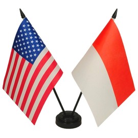 US American Indonesia Friendship Table Flag Set - Miniature USA & Indonesian Desk Flags for Room Display