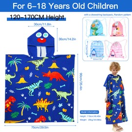 BITOYO Bath Poncho with Hood, Extra Large Towel Kids Microfibre Beach Towels Swimming Pool Towel Bath Towel Shower Towels for Girls Boys with a Height of 120-170 cm (Dinosaur)