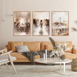 LHIUEM Large Jesus Neutral Framed Canvas Wall Art Set,Christ Church Home Wall Decor,Christian Bible Story Religious Boho Artwork for Living Room,Bedroom,Churches,Prayer Room Decor- 24''x36''x3