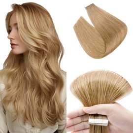 Elailite Tape in Hair Extensions Real Human Hair 10 Pcs 20g - Seamless Skin Weft Remy Natural Hair Extension Straight - #27 Dark Blonde - 14 Inch (Pack of 10)