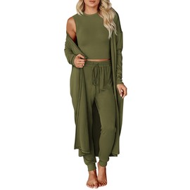 KIRUNDO 3 Piece Lounge Sets for Women Airplane Travel Outfits 2025 Fall Cardigan Sleeveless Top Pants Sets Matching Clothing(Army Green, Small)