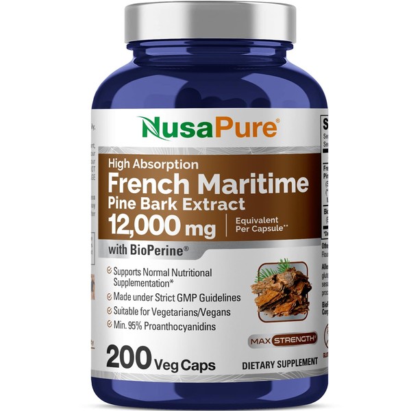 NusaPure French Maritime Pine Bark Extract 12,000 mg Per Veggie Caps 200-Day Supply with Bioperine (Non-GMO & Gluten Free)