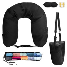 Yeria Fillable travel pillow made of plush material, fillable clothing neck pillow, neck pillow for airplane without filling, travel pillow for car or plane with 3D eye mask and ear plugs (fibres)