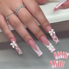 24Pcs Long False Nails,3D Pink French Tip Long Press-on-Nails,Artificial Fake Nails White Bow & Pearl Designs With Removable for Women Full Cover Stick Nail Art
