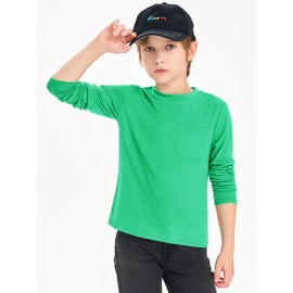 Haloumoning Boys Long Sleeve Shirts Kids Crewneck T Shirts Casual Tops Tees with Chest Pocket 5-14 Years Green