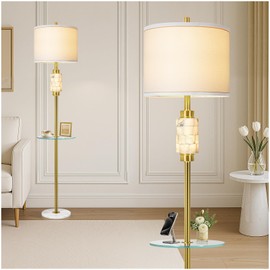Natural Alabaster Floor Lamp for Living Room,Gold Floor Lamp with Glass Tray,Tall Lamps with Night Light,Linen Shade,4-Way Rotary Switch,Marble Base Standing Lamp for Bedroom,Office(Bulb Included)
