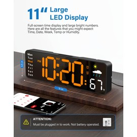 Digital Wall Clock, Digital Clock Large Display with Remote Control, Corded LED Alarm Clocks with Date, Week, Temp, Humidity, Auto DST, Countdown, for Living Room Bedroom Classroom Office (Orange)