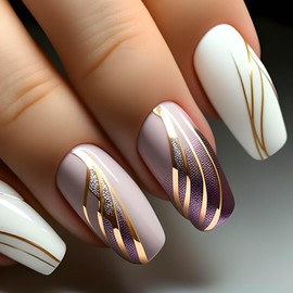 RTKHFZE Press on Nails Medium Coffin Fake Nails Pink White Full Cover Acrylic False Nails with Purple Gradient and Gold Swirl Designs Acrylic Nails False Nails with Glue Stick on Nails for Women