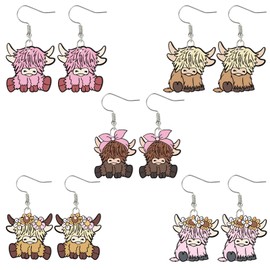 Whaline 5 Pairs Highland Cow Acrylic Earrings Cute Cow Dangle Earrings Decorative Drop Earrings for Women Girls Jewelry Party Gift Accessories Supplies
