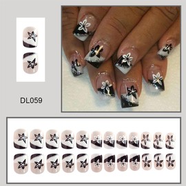 24Pcs French Tip Press on Nails Short Square Black White Flower Acrylic Fake Nails with Silver Glitter Designs Cute Floral Nail Glue on Nails Artificial Nail Tips Full Cover False Nails for Women