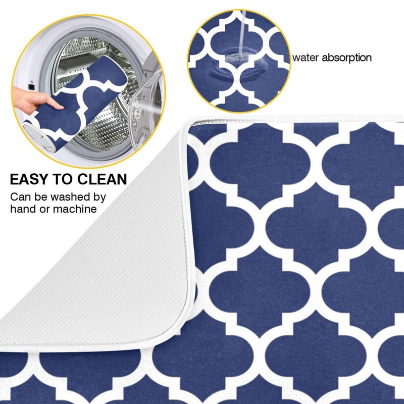 Navy Blue Trellis Lattice Dish Drying Mat for Kitchen Counter