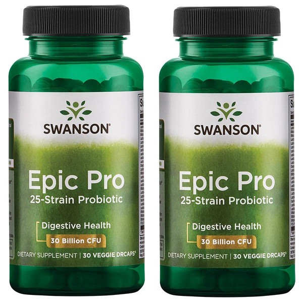 Swanson Epic-Pro 25-Strain Probiotic 30 Billion CFU Digestive Health Immune System Support Prebiotic Nutraflora FOS 30 DRcaps Veggie Capsules (Caps) (2 Pack)