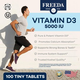 FREEDA Vitamin D3-5000 IU – High-Potency Vitamin D for Bone Strength & Immune Support – Easy-to-Swallow Tablets – 100 Tiny Tablets