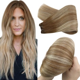 YoungSee Sew in Real Hair Extensions Human Hair Invisible Sew in Weft Hair Extensions Human Hair Balayage Light Brown to Platinum Blonde Hair Extensions Human Hair Sew in 100g 14in