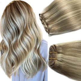 Balayage Blonde Hand Tied Weft Hair Extensions Human Hair 20 Inch Sew in Hair Extensions Real Human Hair 100G Ash Blonde Balayage Blonde Real Human Hair Weave Bundles Weft Extensions