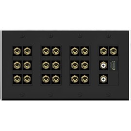 RiteAV 10.2 Surround Sound 10 Speaker 20 Banana Plug Jack Wall Plate w/2 RCA Subwoofer + HDMI Female Connectors - 4 Gang [Black]