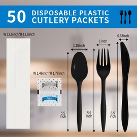 50Pack Plastic Cutlery Packets, Knife Fork Spoon Napkin Salt Pepper Sets, Individually Wrapped Black Plastic Cutlery Packets for Delivery, Cafeterias, Restaurants
