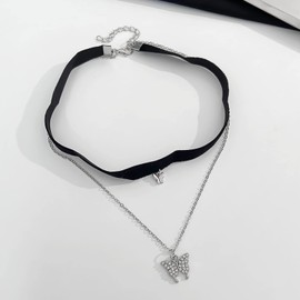 Aneneiceera Vintage Black Butterfly Pendant Choker Necklace Chain Gothic Leather Choker Velvet Choker Punk Emo Necklace Rock Statement Butterfly Necklace for Women and Girls (Style A), Metal