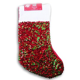 Festive Christmas Stocking with Reversible Color Changing Sequin Design - 8.5 Inch x 16 Inch (Green/Red)