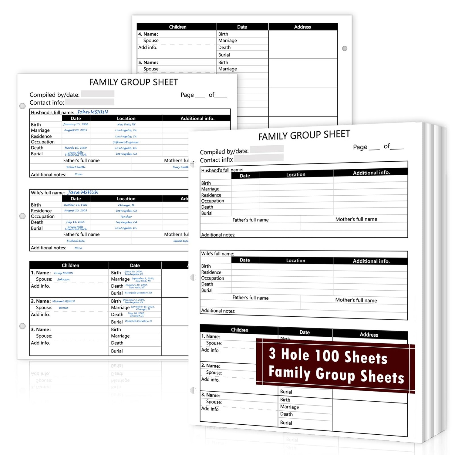 50 Sheets 3 Hole 12th Generation Family Group Sheets 8.5×11 inch Blank ...
