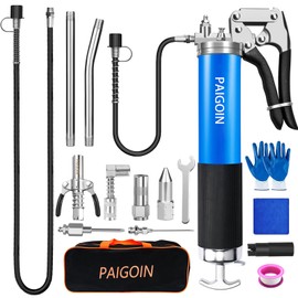 PAIGOIN Grease Gun Kit 8000 PSI Heavy Duty 14 OZ Pistol Grip Grease Guns with 19" & 28" Spring Flex Hose,Quick Release Coupler,90 Degree Adapter,2 Needle Tips,2 Nozzles,2 Extension Tubes