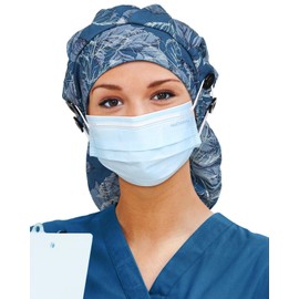 Satin Lined Scrub Cap for Women Extra Large Long Hair Surgical Nurse Cap 4 Buttons, Blue Leaf, One Size