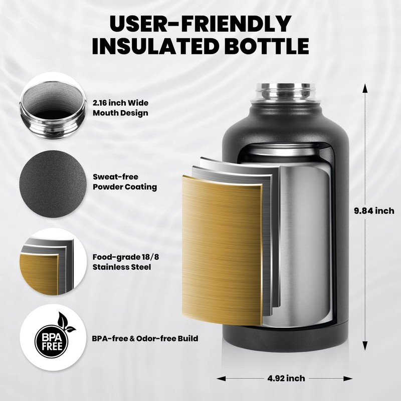 RAYMYLO Insulated Water Bottle 64 oz, Triple Wall Vacuum Stainless