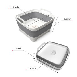 Collapsible Dish Basin - 2.4 Gal (9L) with Drain Plug – Foldable Multiuse Sink Tub for Kitchen, Camping, RV, Dishwashing & Vegetable Washing (Gray)