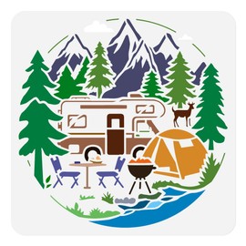 Camping Schablone Bemalen 30 × 30cm Wiederverwendbare RV Schablone Bergbaum Zeichenvorlage Picknick Im Freien DIY Handwerk Farbe Vorlage Wand Home Decor Holz Brennen Karte Journal Leinwand