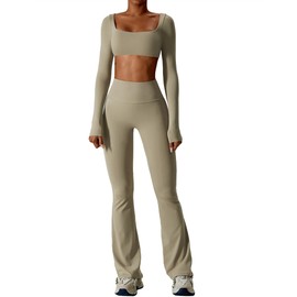 ABOCIW Workout Sets for Women 2 Piece Square Neck Long Sleeve Workout Crop Top Scrunch Butt Lifting High Waist Flare Leggings Bootcut Yoga Pants Outfit Y-Khaki Medium