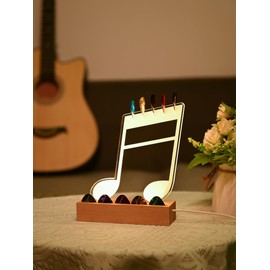 HEMUZHIYUAN Light Up Guitar Pick Holder—Note-Shaped Cool Gifts for Music Lovers,Acrylic Guitar Pick Display and Storage With Wooden Base，Unique Guitar Accessories