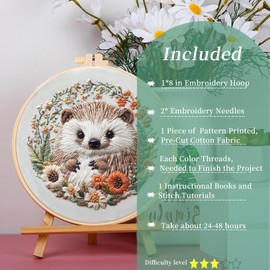 FONNUY Embroidery Kit for Beginners, Cute Hedgehog Stamped Embroidery Patterns Kits for Adults with Hoop, Easy to Follow Sewing Thread Needlework, 8'' Hoop (Tiny Ball)