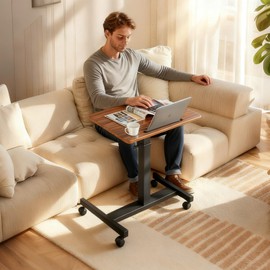 Mobile Standing Desk,Height Adjustable Overbed Bedside Table with Wheels&Cup Holder,Hand Crank Sit Stand Desk and Laptop Cart,Computer Workstation for Home Office Classroom Hospital (Manual Walnut)