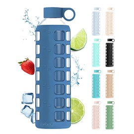 purifyou Premium 40/32 / 22/12 oz Glass Water Bottles with Times to Drink and Volume, Silicone Sleeve & Stainless Steel Lid Insert, Reusable for Fridge Water, Fruit Juice (32oz Chinese Porcelain)