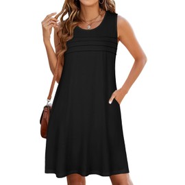 CHICGAL Womens Summer Dresses Casual Loose Pleated Front Tshirt Sleeveless Tank Sundresses with Pockets(Black, L)