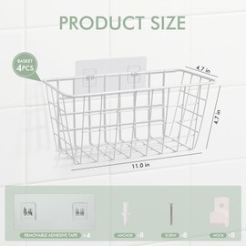 LIGHT DUST Wire Hanging Wall Basket, 4 White Baskets Set, Adhesive Wall Mount Organizer for Pantry Kitchen RV Bathroom Cabinet Storage Organization