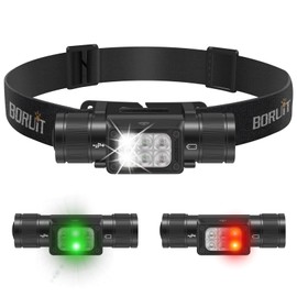 BORUIT HP360 LED Rechargeable Headlamp with White Green Red Light,Super Bright 2000 Lumen Head Lamp Flashlight,IP67 Waterproof,7 Working Modes,Suitable for Adults Running Camping Hiking Fishing