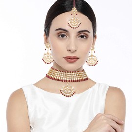 Aheli Maroon Pearl Kundan Choker Necklace with Earring Maang Tikka Indian Traditional Bollywood Fashion Jewelry Set Gift for Women