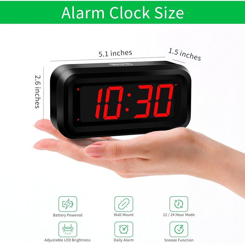 Alarm Clock, LED Digital Clock, Small Wall Clock, Battery Operated,