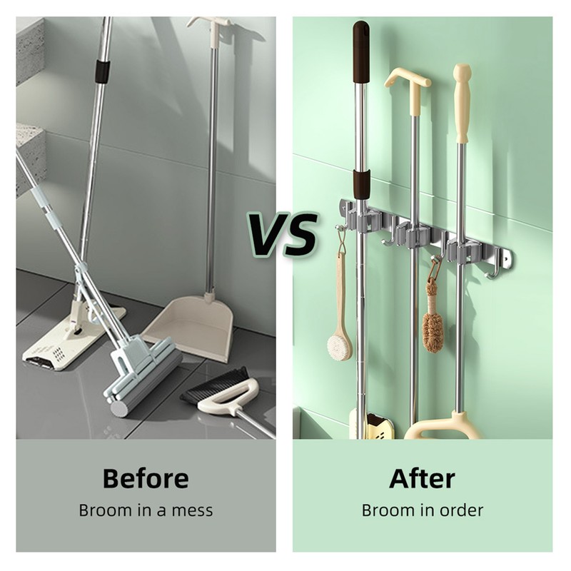 2pcs 304 Stainless Steel Broom Holder 3 Racks 4 Hooks