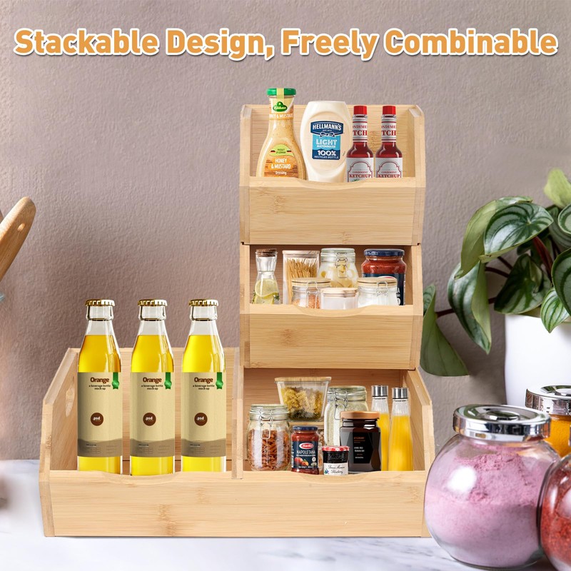 LByng Bamboo Stackable Pantry Storage Bins,Wooden Stackable Baskets,Potato and Onion