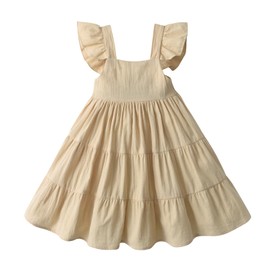 Toddler Girls Ruffled Sleeves Square Collar Ruffle Hem Cotton Princess Dress for Party Beach Vacation Kids Summer Clothes (2-3T) Khaki