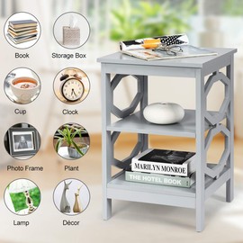 Giantex 3-Tier Nightstand Set of 2, Omega End Table with Storage Shelves, Stable Structure, Versatile Bedside Tables, Wood Sofa Side Table Night Stand for Bedroom, Living Room, Easy Assembly, Gray